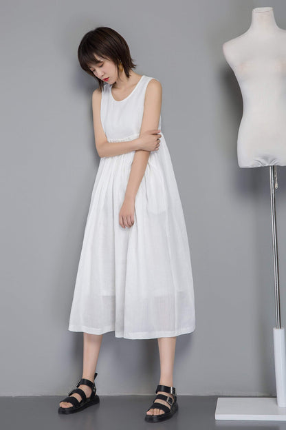 white linen dress for women, white sleeveless dress for summer, loose & casual linen dress, fashion fit and flare linen dress  C1268