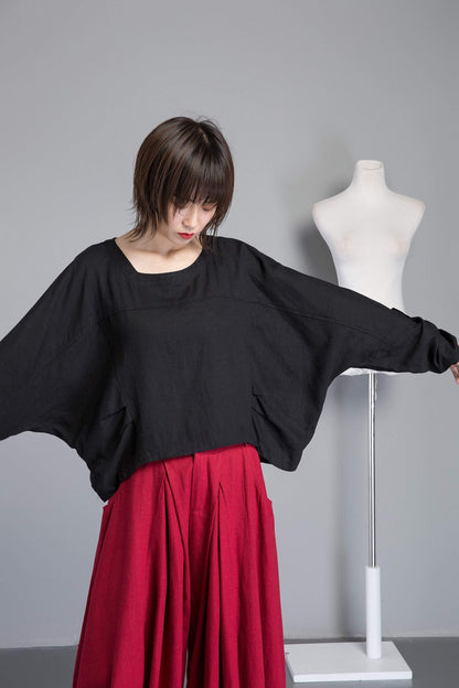 black linen top, loose and casual linen top, asymmetrical top & adjustable sleeve length, custom plus size top for summer  C1269