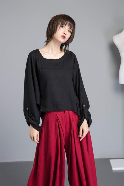 black linen top, loose and casual linen top, asymmetrical top & adjustable sleeve length, custom plus size top for summer  C1269