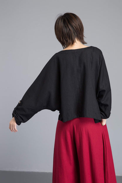black linen top, loose and casual linen top, asymmetrical top & adjustable sleeve length, custom plus size top for summer  C1269