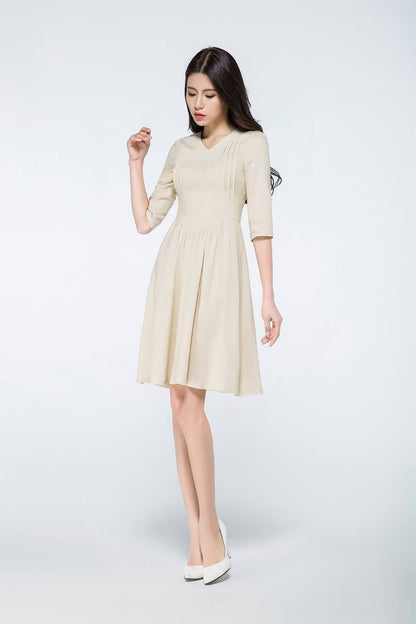 Mini linen dress, linen dress, beige dress woman, woman summer dresses, linen summer dress, knee length dress, classic girl dress C1072
