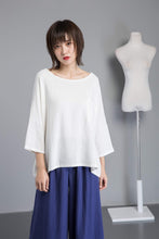 Load image into Gallery viewer, white linen blouse, women blouse with sleeve, loose &amp; casual linen blouse, white linen top for summer - plus size blouse for lady C1270
