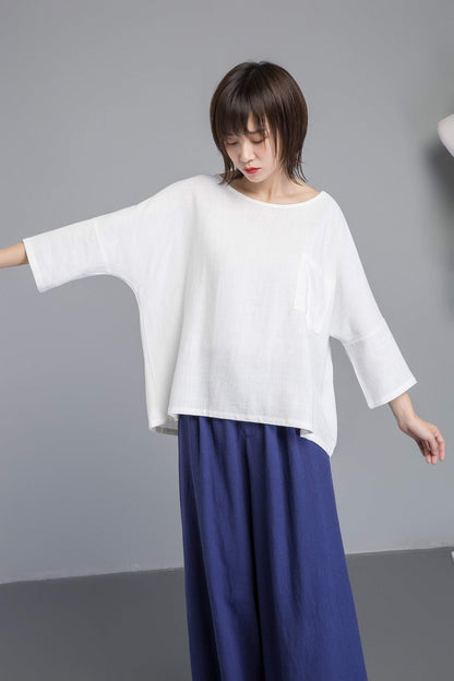 white linen blouse, women blouse with sleeve, loose & casual linen blouse, white linen top for summer - plus size blouse for lady C1270