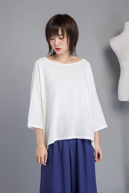 white linen blouse, women blouse with sleeve, loose & casual linen blouse, white linen top for summer - plus size blouse for lady C1270