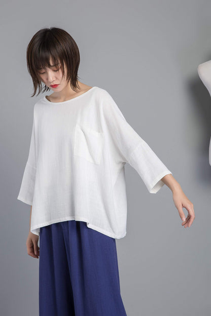white linen blouse, women blouse with sleeve, loose & casual linen blouse, white linen top for summer - plus size blouse for lady C1270