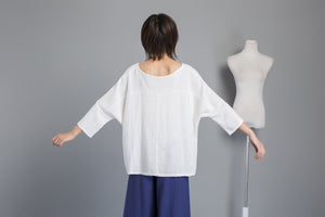 white linen blouse, women blouse with sleeve, loose & casual linen blouse, white linen top for summer - plus size blouse for lady C1270