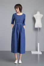 Load image into Gallery viewer, blue linen dress, long fit and flare linen dress for summer, midi sleeves dress for women, handmade fashion blue casual linen dress C1257
