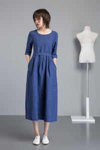 blue linen dress, long fit and flare linen dress for summer, midi sleeves dress for women, handmade fashion blue casual linen dress C1257