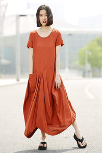 Orange Linen Dress - Womens Linen Clothing Casual Everyday Comfortable Plus Size Summer Fashion Basic Wardrobe Staple C351