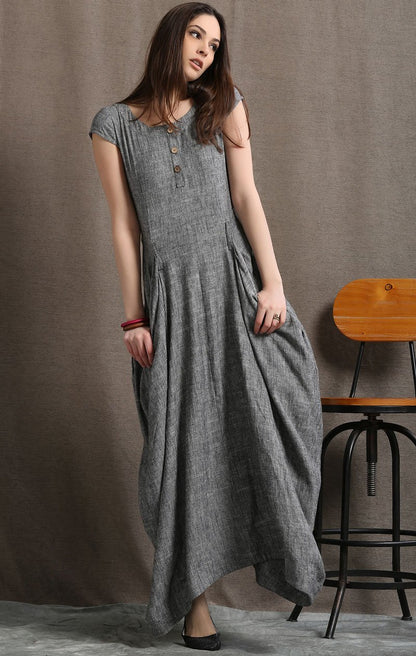 Gray Linen Dress - Long Maxi Boho Style Short Sleeved Shift Dress with Two Large Pockets Spring Summer Fashion (C427)