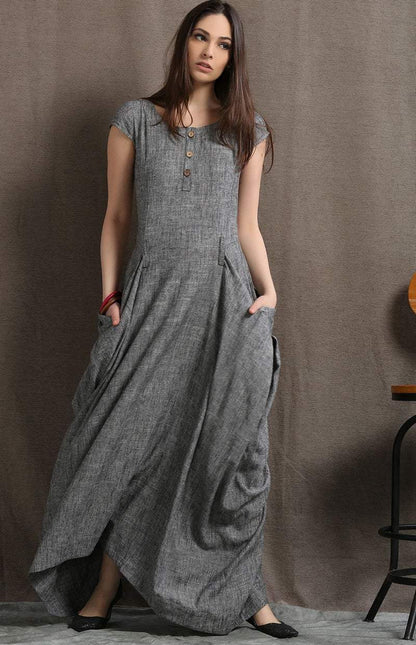 Gray Linen Dress - Long Maxi Boho Style Short Sleeved Shift Dress with Two Large Pockets Spring Summer Fashion (C427)