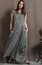 Load image into Gallery viewer, Gray Linen Dress - Long Maxi Boho Style Short Sleeved Shift Dress with Two Large Pockets Spring Summer Fashion (C427)
