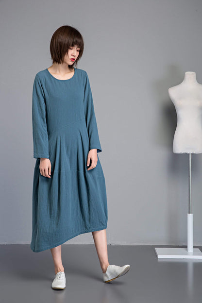 linen loose summer dress with long sleeves and pockets C1235