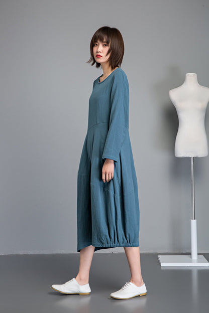 linen loose summer dress with long sleeves and pockets C1235
