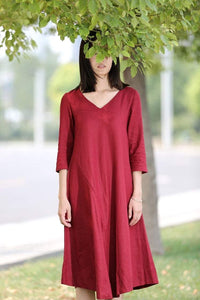Red Linen Dress - Midi Length Loose-Fitting Plus Size V-Neck Casual Everyday Comfortable Womens Clothing C264