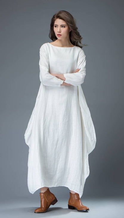 White dress, linen dress, long linen dress, maxi dress, casual dress, loose linen dress, long sleeves dress, oversized dress C821