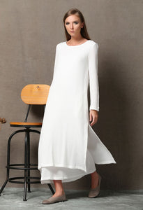 long dress, White linen dress, linen clothing, maxi dress, layered dress, long sleeve dress, white cotton dress, women white dress C554