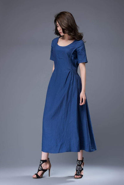 Royal Blue Dress - Simple Elegant Everyday Wardrobe Staple Linen Dress Semi-Fitted with Pockets & Drawstring Waist C884