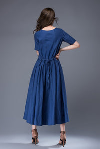 Royal Blue Dress - Simple Elegant Everyday Wardrobe Staple Linen Dress Semi-Fitted with Pockets & Drawstring Waist C884