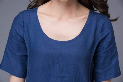 Royal Blue Dress - Simple Elegant Everyday Wardrobe Staple Linen Dress Semi-Fitted with Pockets & Drawstring Waist C884