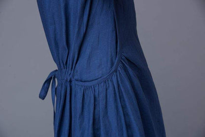 Royal Blue Dress - Simple Elegant Everyday Wardrobe Staple Linen Dress Semi-Fitted with Pockets & Drawstring Waist C884