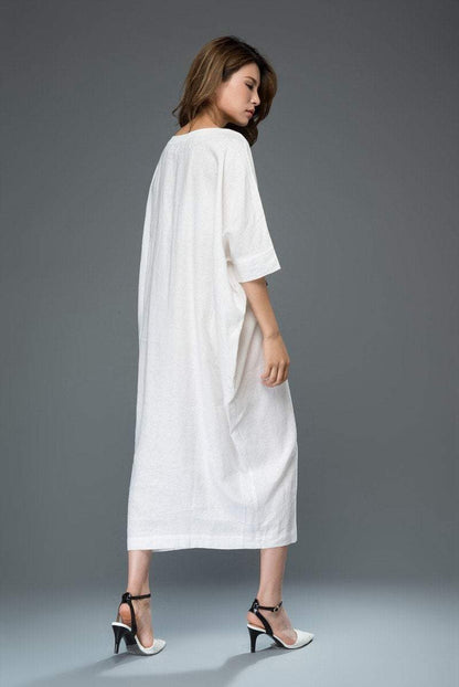 White Linen Dress - Loose-Fitting Casual or Smart Women's Designer Dress with Black Ribbon Tie & Batwing Sleeves C913