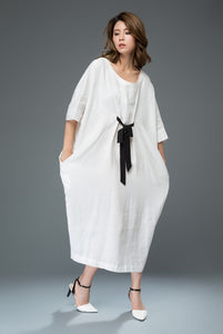 White Linen Dress - Loose-Fitting Casual or Smart Women's Designer Dress with Black Ribbon Tie & Batwing Sleeves C913