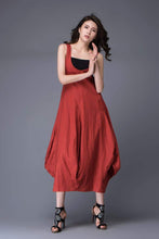 Load image into Gallery viewer, Red Linen Dress - Free-Style Casual Loose-Fitting Tulip-Shaped Everyday Modern Contemporary Unique Designer Dress C888
