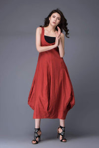 Red Linen Dress - Free-Style Casual Loose-Fitting Tulip-Shaped Everyday Modern Contemporary Unique Designer Dress C888