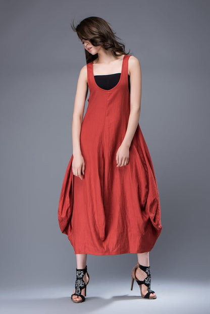 Red Linen Dress - Free-Style Casual Loose-Fitting Tulip-Shaped Everyday Modern Contemporary Unique Designer Dress C888