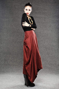 Red Linen Maxi Skirt - Long Length with Asymmetrical Hemline, Ruched Detail and Deep Side Pockets Fall Autumn/Winter Fashion C050