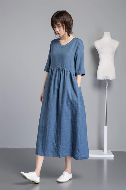 Simiple linen dress, Blue linen dress, womens dresses, long linen dress with pockets, loose linen dress, linen clothing C1256