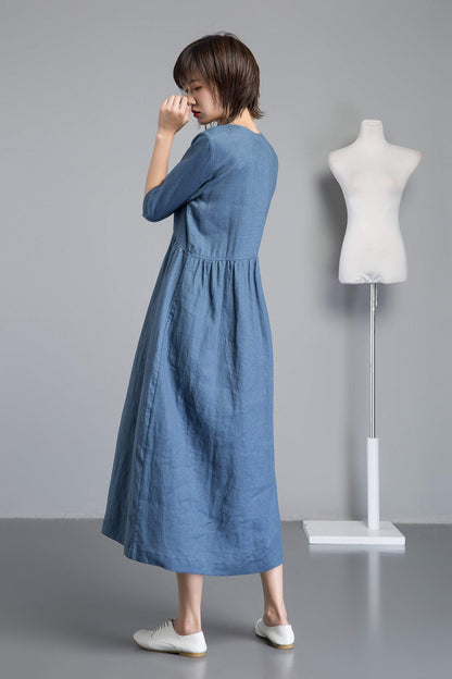 Simiple linen dress, Blue linen dress, womens dresses, long linen dress with pockets, loose linen dress, linen clothing C1256
