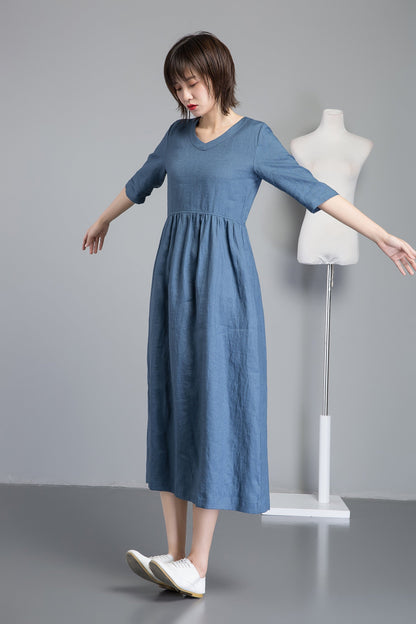 Simiple linen dress, Blue linen dress, womens dresses, long linen dress with pockets, loose linen dress, linen clothing C1256