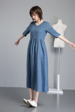 Load image into Gallery viewer, Simiple linen dress, Blue linen dress, womens dresses, long linen dress with pockets, loose linen dress, linen clothing C1256
