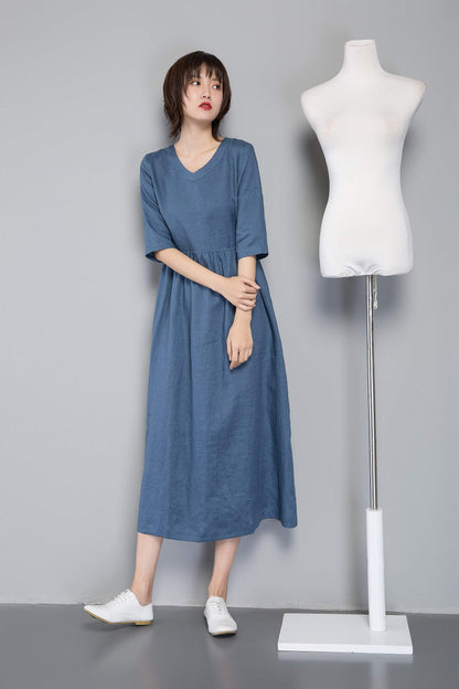 Simiple linen dress, Blue linen dress, womens dresses, long linen dress with pockets, loose linen dress, linen clothing C1256