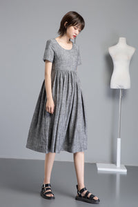short sleeve linen midi dress C1254#