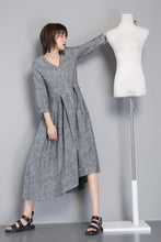 Load image into Gallery viewer, Linen shirt dress for women, asymmetrical linen tunic dress for summer, gray linen dress with pockets, long V neck dress with buttons C1253
