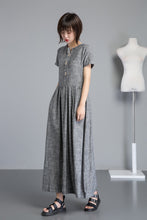 Load image into Gallery viewer, Gray pleated &amp; buttons Long linen dress C1252

