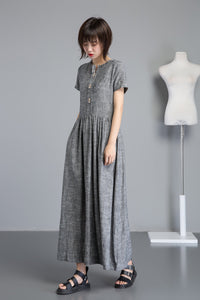 Gray pleated & buttons Long linen dress C1252