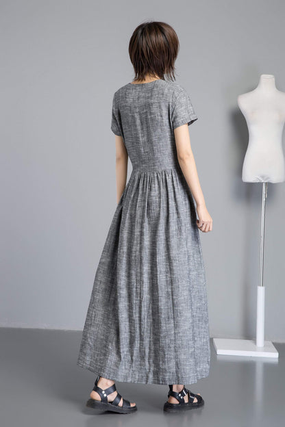 Gray pleated & buttons Long linen dress C1252