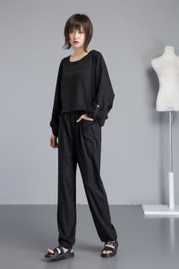 balck linen pants, black long linen pants with pocket, black women linen pants for summer, casual harem linen pants with elastic C1263