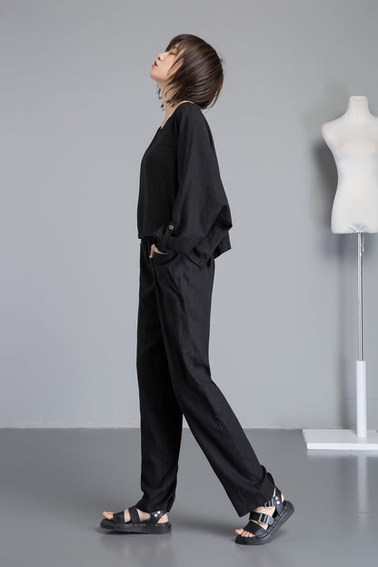 black long linen pants with pocket C1263