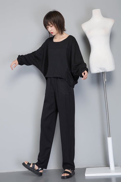 black long linen pants with pocket C1263