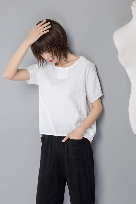 white linen top, oversized linen top, linen blouse for summer, loose and casual blouse, linen loose blouse, short sleeve blouse C1264