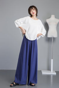 Blue linen pants, wide leg pants for elegant women, long blue linen pants for summer, custom plus size loose and casual pants C1266