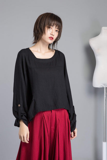 black linen top, loose and casual linen top, asymmetrical top & adjustable sleeve length, custom plus size top for summer  C1269
