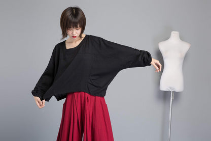 black linen top, loose and casual linen top, asymmetrical top & adjustable sleeve length, custom plus size top for summer  C1269