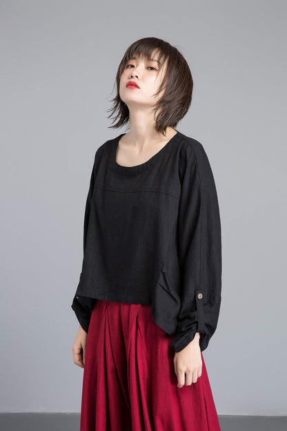 black linen top, loose and casual linen top, asymmetrical top & adjustable sleeve length, custom plus size top for summer  C1269