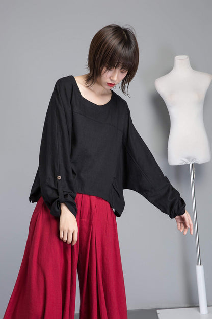 black linen top, loose and casual linen top, asymmetrical top & adjustable sleeve length, custom plus size top for summer  C1269